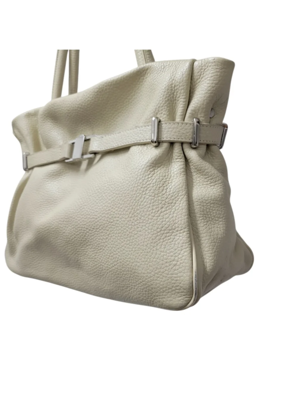 Phynes Paris Women's Beige Leather Double-Handle Leather Satchel Bag Purse